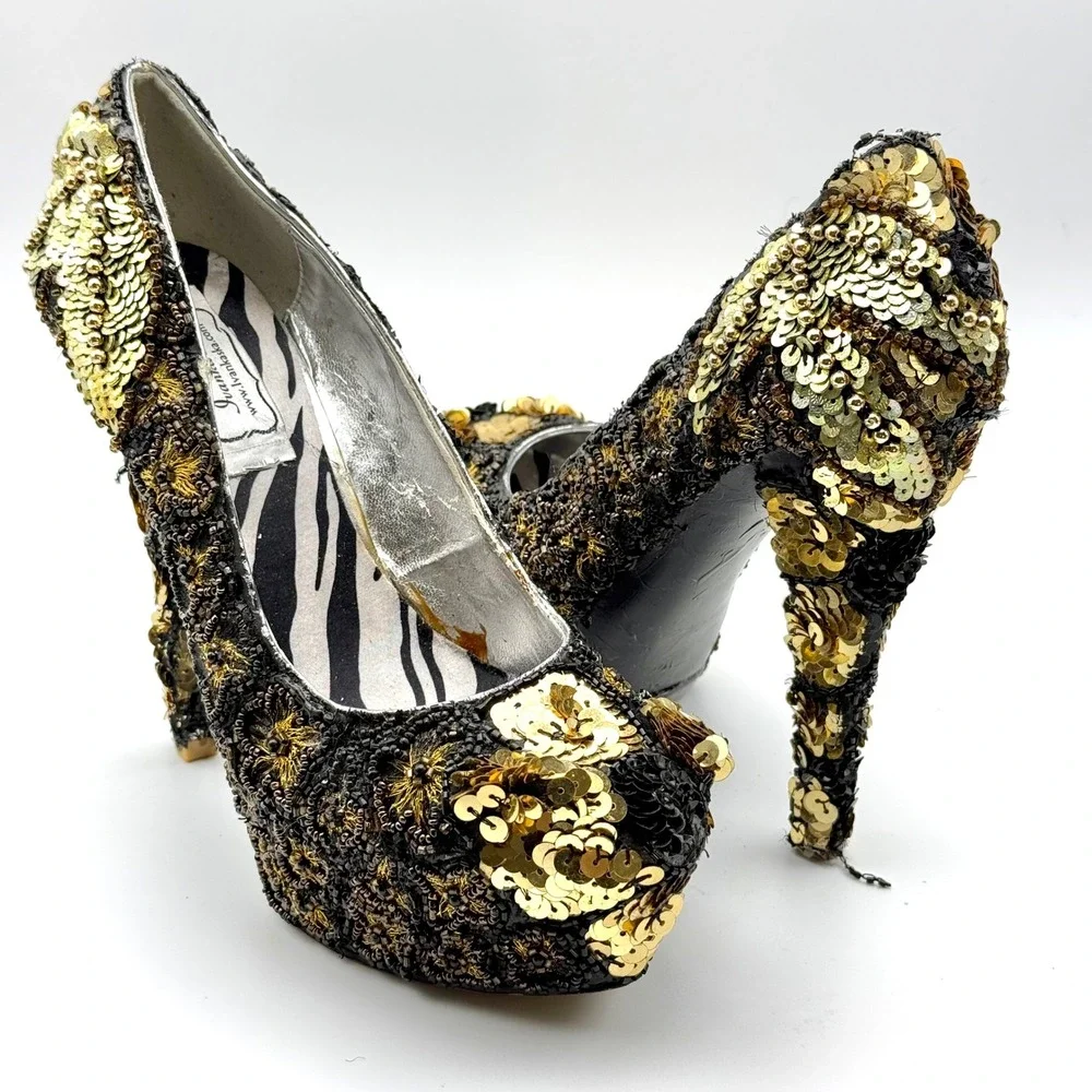 Ivanka Ska Sequin Beaded Platform Pumps Gold Black Zebra Print Heel 5.5 In 8/8.5